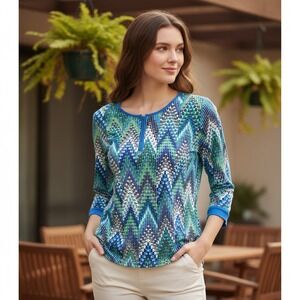 NY Collection Blue Green Chevron Knit Top 0X 1X Casual Indie Boho Office Sz XL